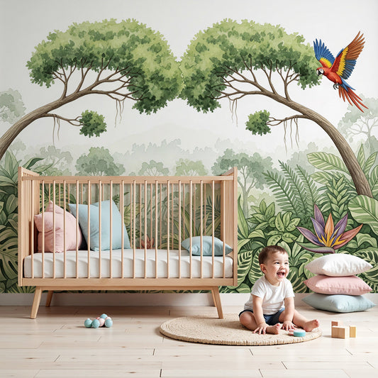 Kids-Mundo macaw and arching trees wall mural in a soft, botanical nursery.