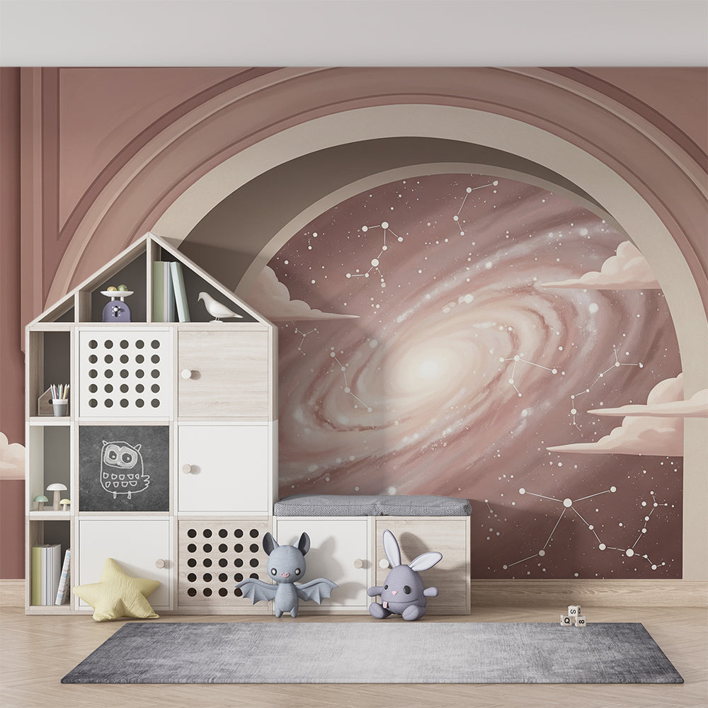 Kids-Mundo archway galaxy wall mural with clouds styled in a kids bedroom