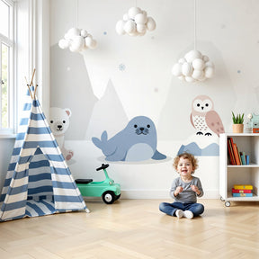 Arctic animals mural wallpaper featuring polar bear in modern nursery by Kids-Mundo