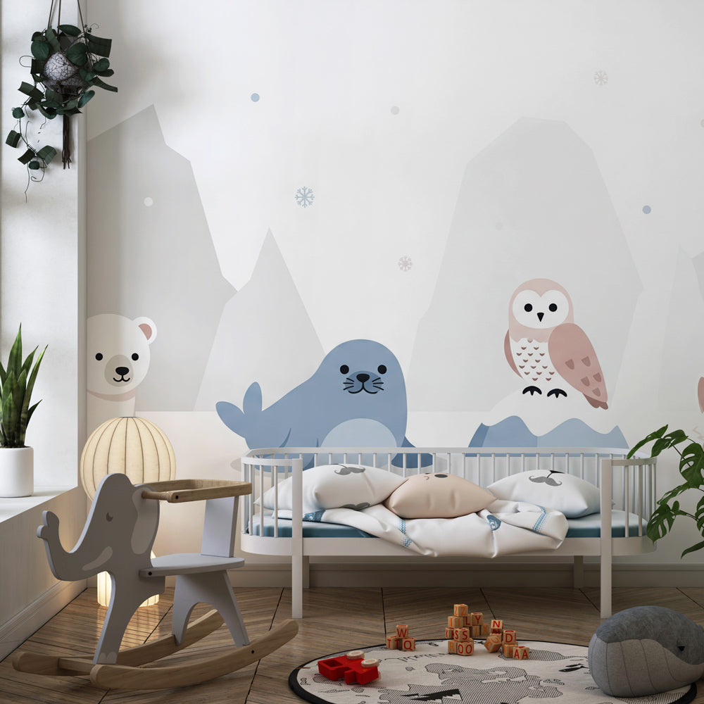 Polar bear and fox mural wallpaper transforming children's playroom into Arctic wonderland