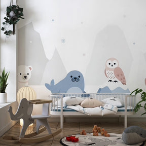 Polar bear and fox mural wallpaper transforming children's playroom into Arctic wonderland