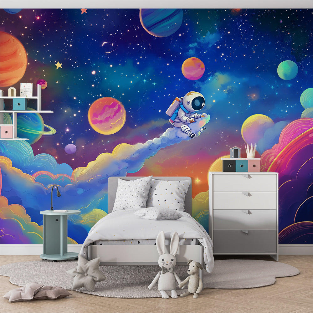 Kids-Mundo astronaut wall mural with rainbow planets in a child's space-themed bedroom