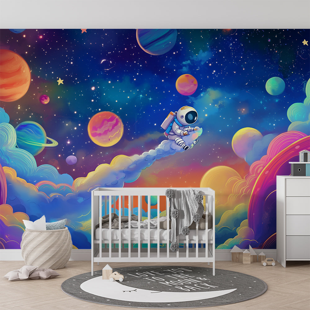 Astronaut wall mural by Kids-Mundo bringing bold cosmic colour to a kids' playroom