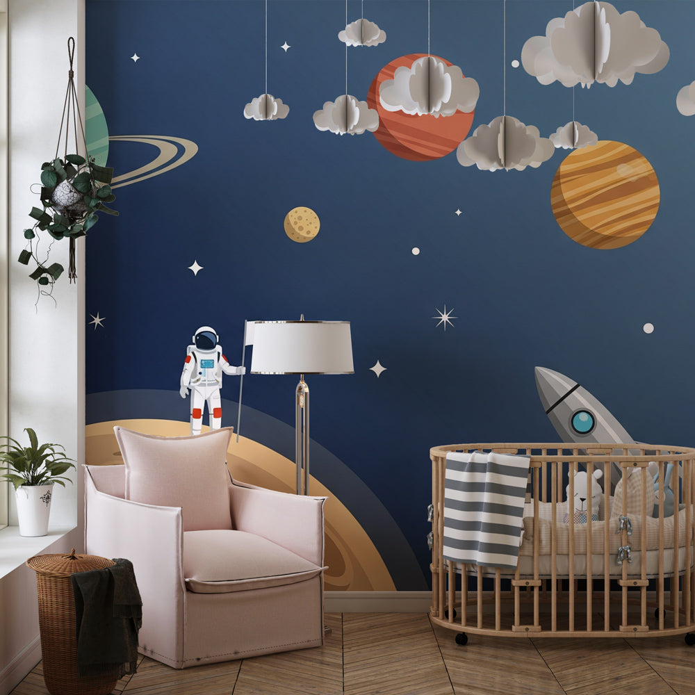 Kids-Mundo astronaut moon mural on a kids bedroom wall, with a rocket, ringed planets and starry sky