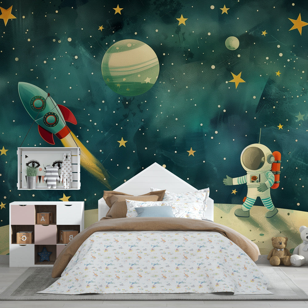 Kids-Mundo astronaut and rocket mural covering a playroom wall with toy storage below.
