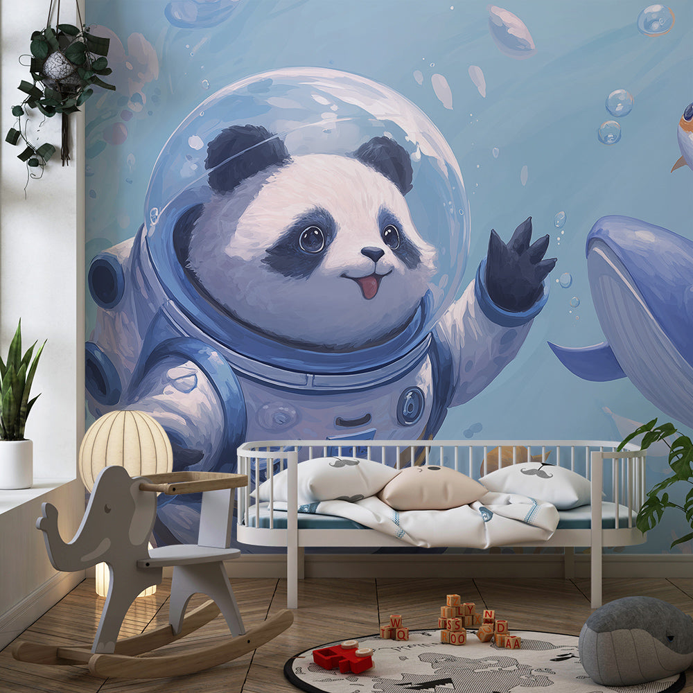 Kids-Mundo underwater astronaut panda mural on a feature wall in a kids bedroom