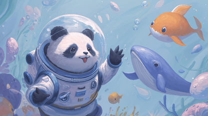 Kids-Mundo flat artwork of the astronaut panda exploring the ocean wall mural design