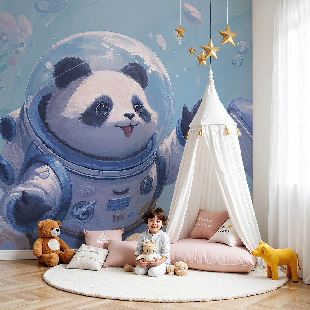 Kids-Mundo astronaut panda ocean wall mural in a calm blue nursery setting