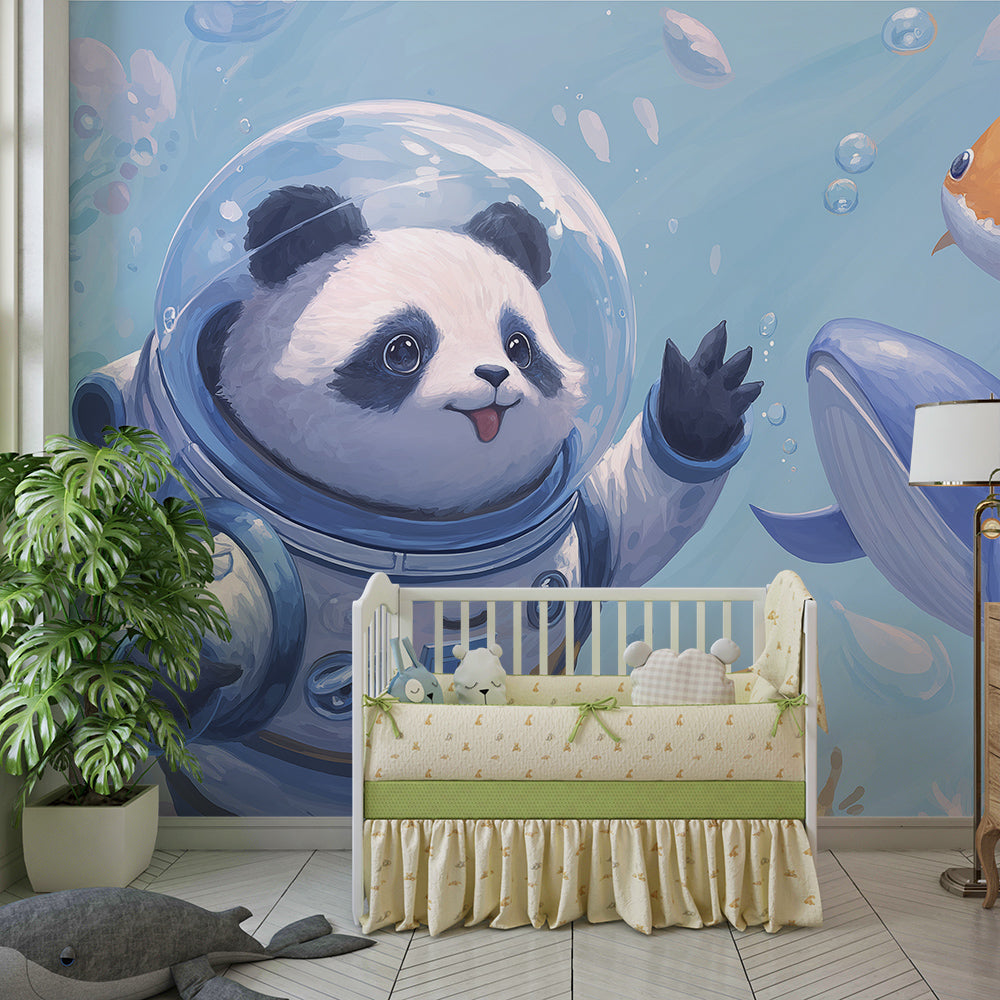 Kids-Mundo space and ocean wall mural with astronaut panda brightening a playroom
