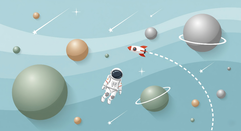 Kids-Mundo flat artwork of a floating astronaut among pastel toned planets