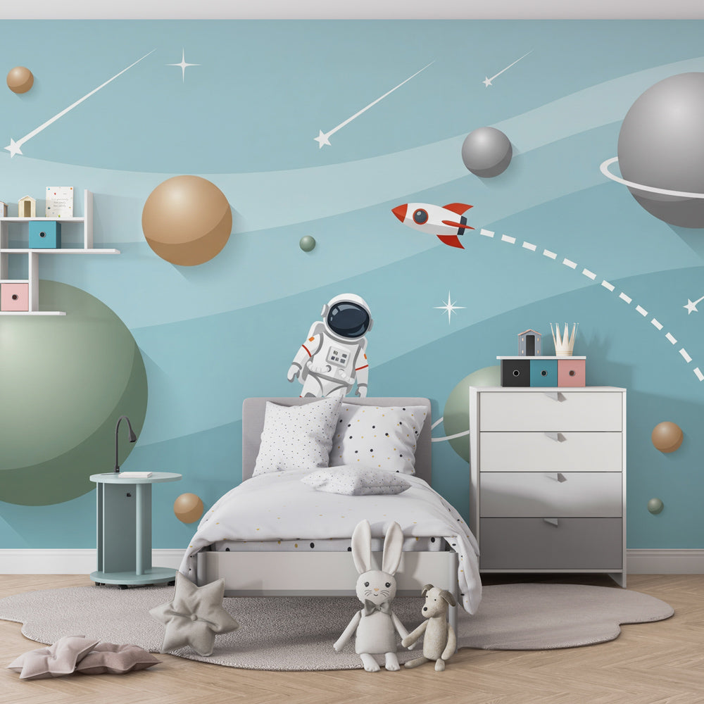 Kids-Mundo astronaut and rocket pastel wall mural in a calm, quiet playroom