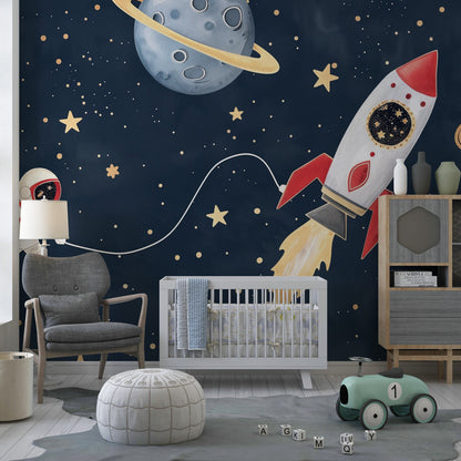 Kids-Mundo astronaut floating among planets and stars wall mural styled in a kids bedroom