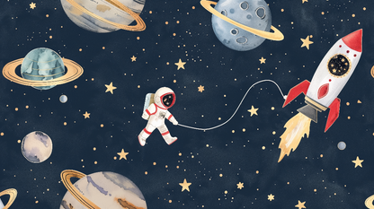 Kids-Mundo astronaut floating among planets and stars original flat artwork design for this wall mural