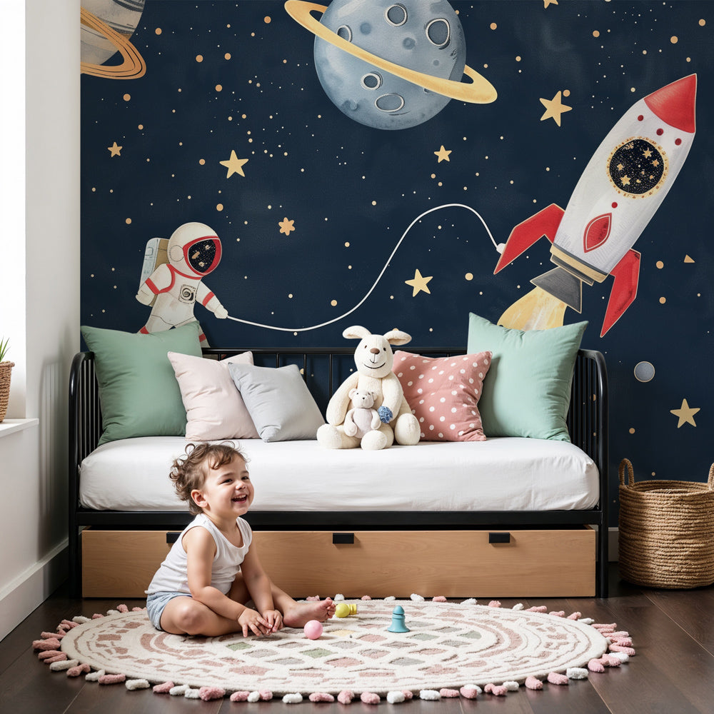 Kids-Mundo astronaut floating among planets and stars wall mural in a bright nursery room