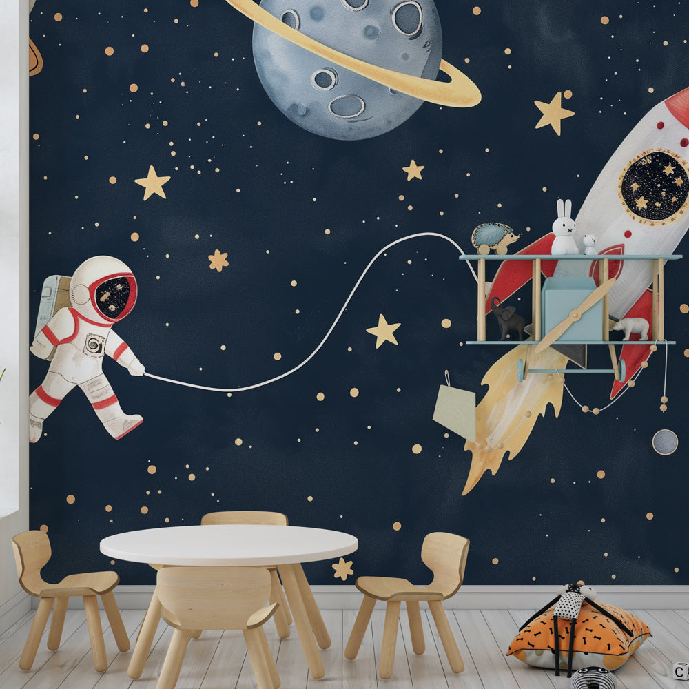 Kids-Mundo astronaut floating among planets and stars wall mural featured in a colourful playroom