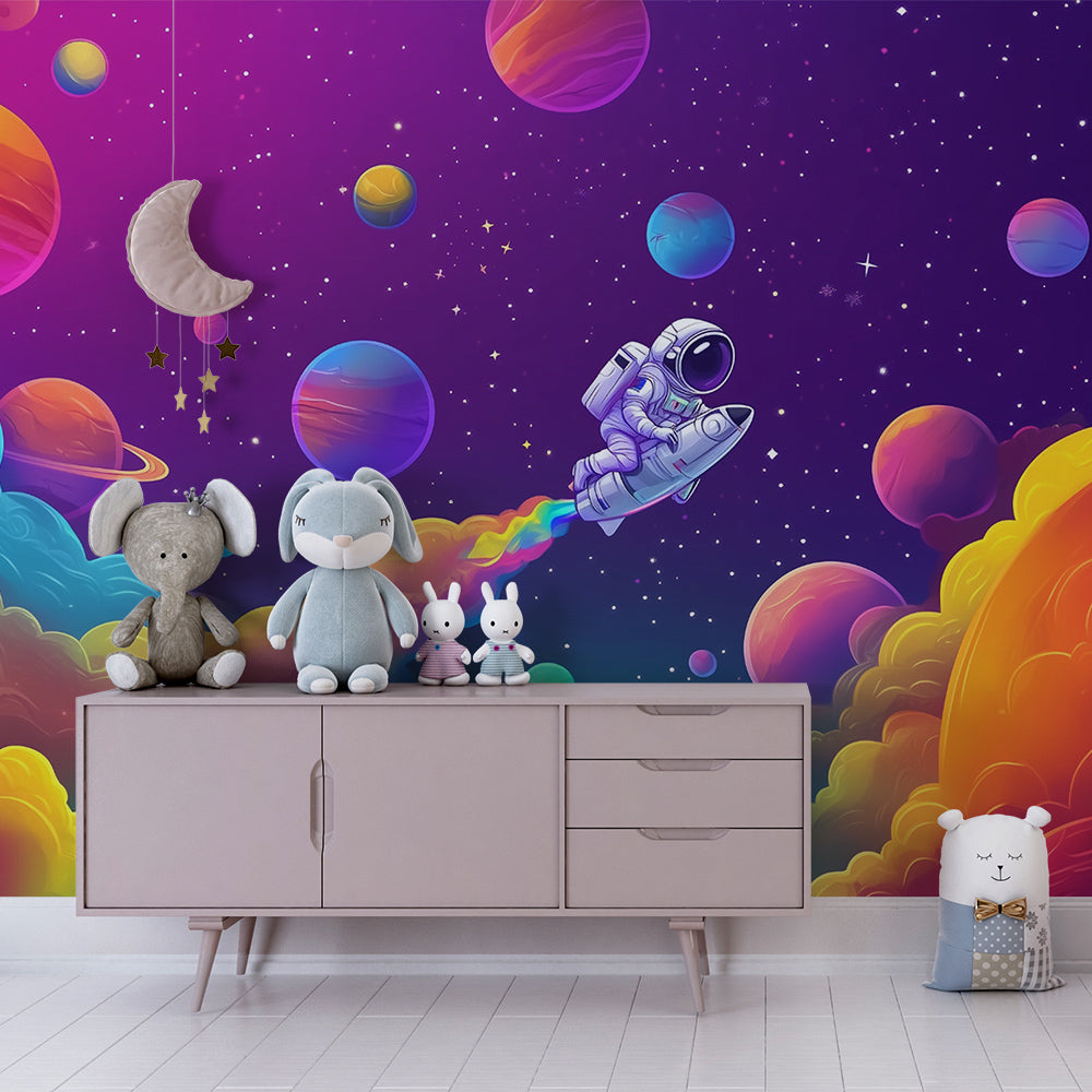 Kids-Mundo rainbow galaxy wall mural adding cosmic adventure to a playroom
