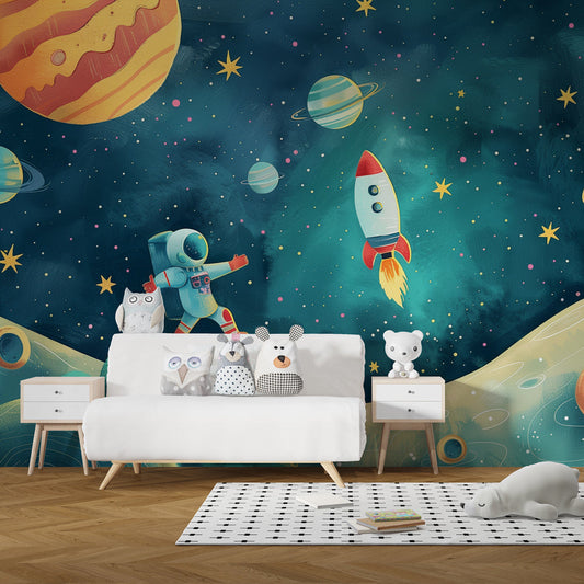 Kids-Mundo astronaut and rocket wall mural covering a feature wall in a vibrant kids bedroom.