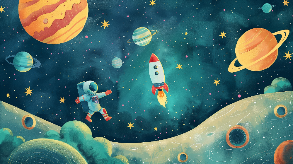 Colourful Astronaut and Rocket Space Wall Mural
