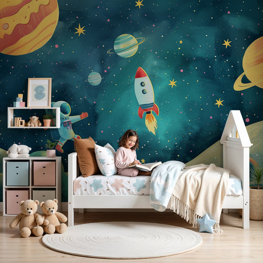 Kids-Mundo colourful astronaut wall mural styled above a cot in a space-themed nursery.