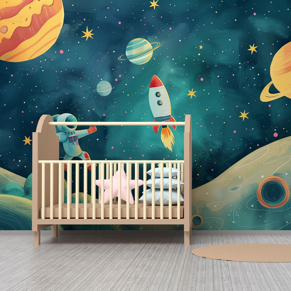 Kids-Mundo astronaut wall mural bringing a bold galaxy scene to a playroom wall.