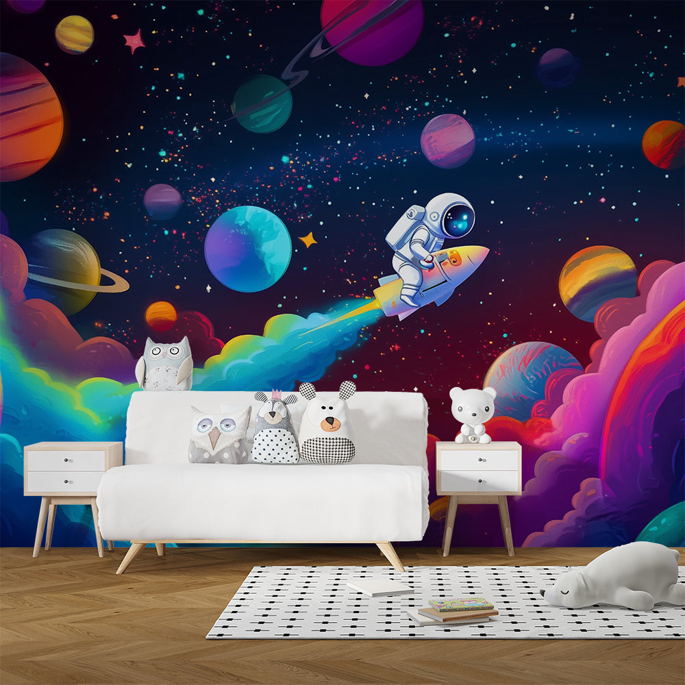 Kids-Mundo rainbow space wall mural behind a single bed in a child's bedroom