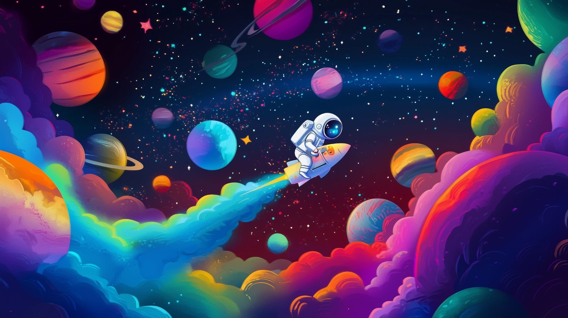 Kids-Mundo flat artwork of the astronaut rocket rainbow space wall mural design