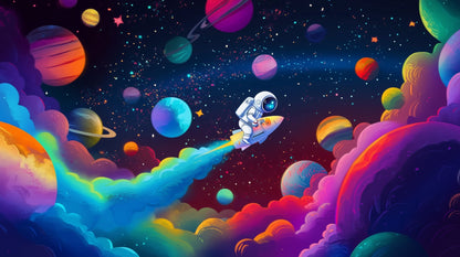 Kids-Mundo flat artwork of the astronaut rocket rainbow space wall mural design