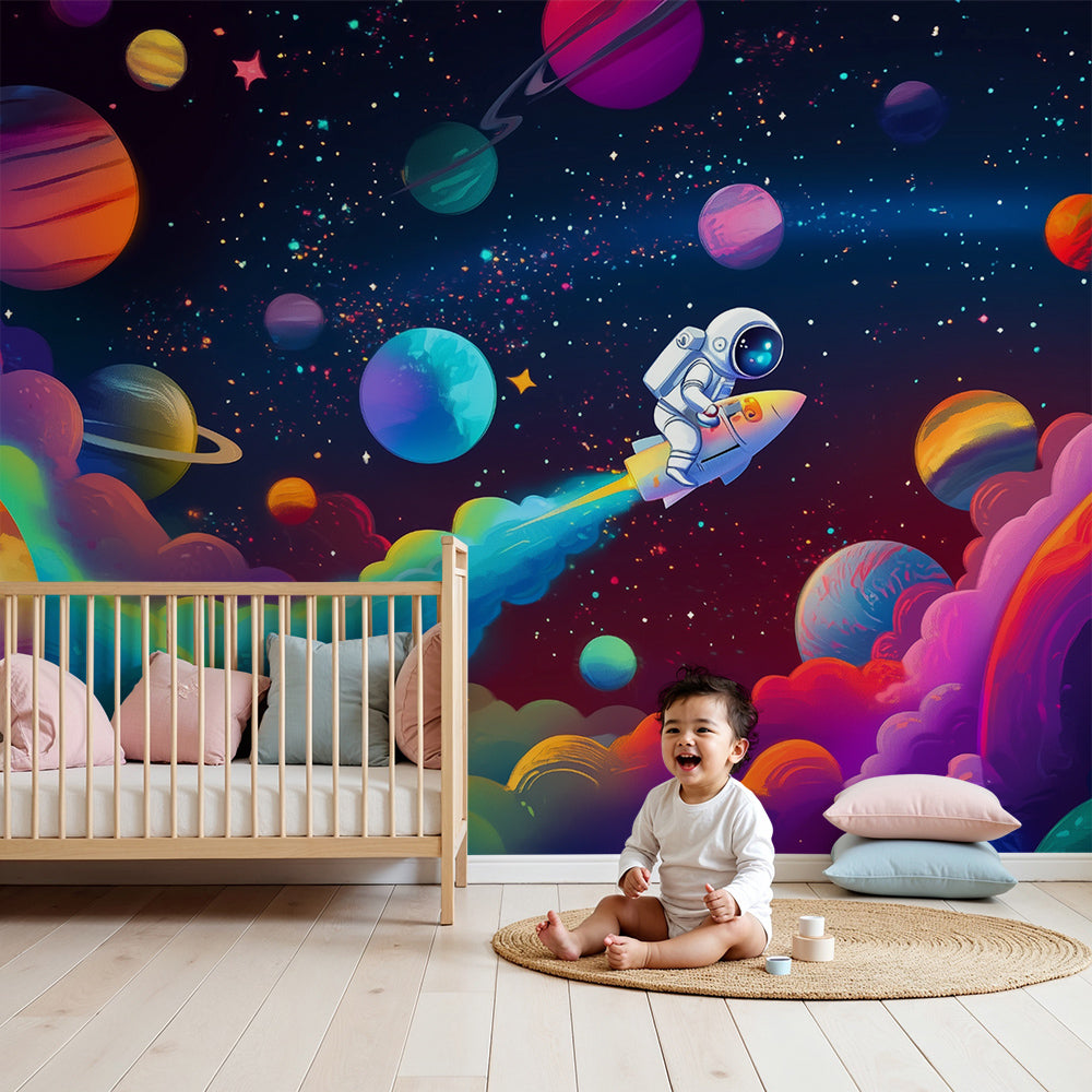Kids-Mundo astronaut rocket space wall mural covering the feature wall of a nursery
