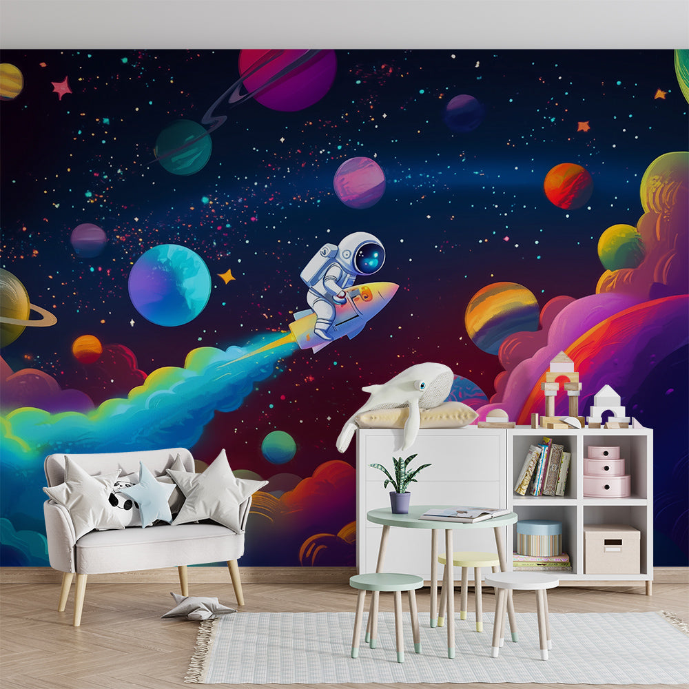 Kids-Mundo astronaut and planets wall mural covering the back wall of a playroom