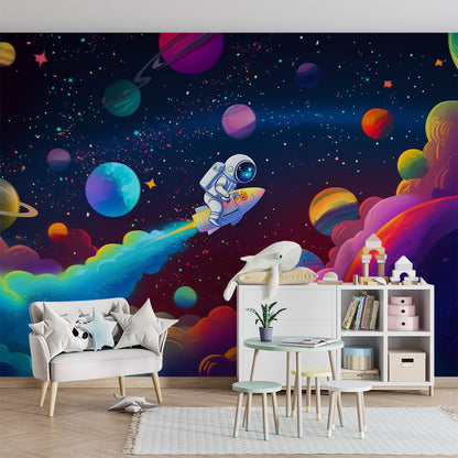 Kids-Mundo astronaut and planets wall mural covering the back wall of a playroom