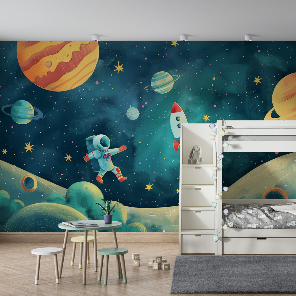 Kids-Mundo space wall mural with astronaut, rocket and planets in a children's bedroom