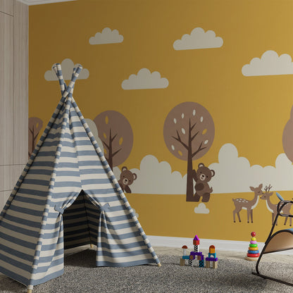 Kids-Mundo golden autumn woodland wall mural with fox and deer in a bedroom