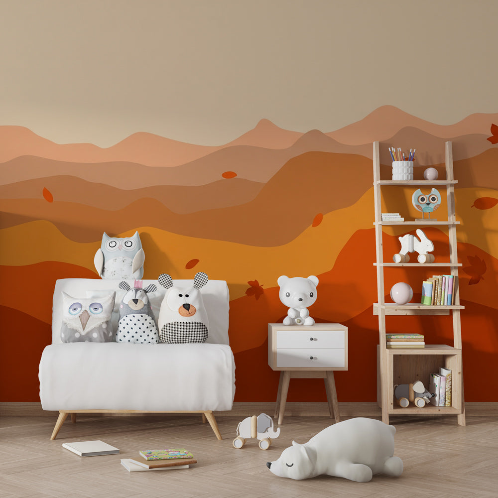 Soft orange and brown mountain wallpaper creating cozy atmosphere in children's bedroom
