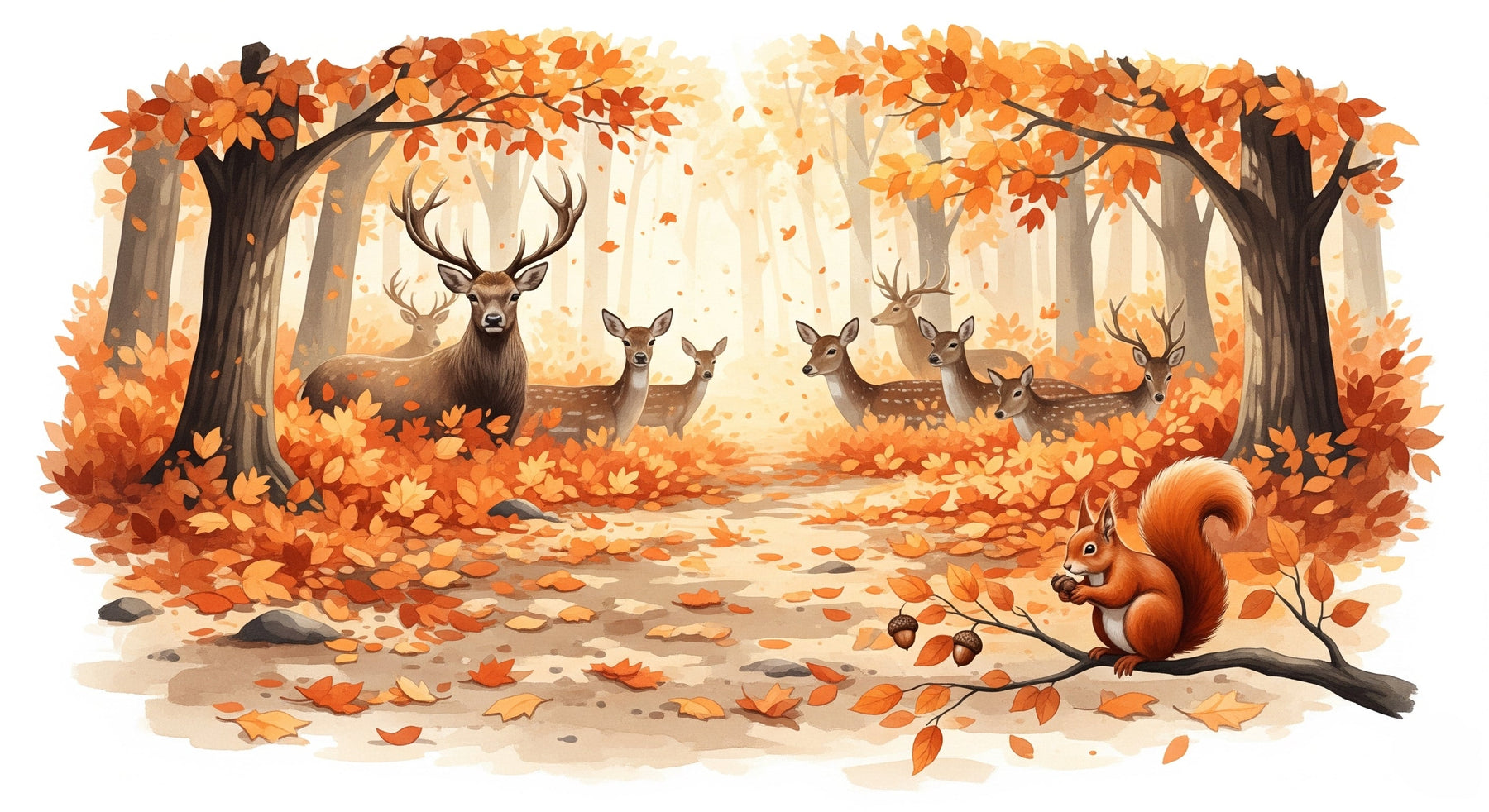 Detailed autumn forest mural wallpaper design pattern with deer and woodland animals by Kids-Mundo