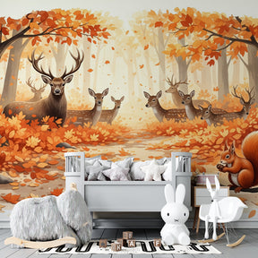 Forest animal mural wallpaper with warm autumn colors for children's room by Kids-Mundo