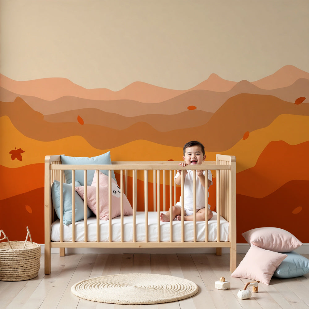 Autumn forest mural wallpaper with mountain landscape in modern kids nursery by Kids-Mundo