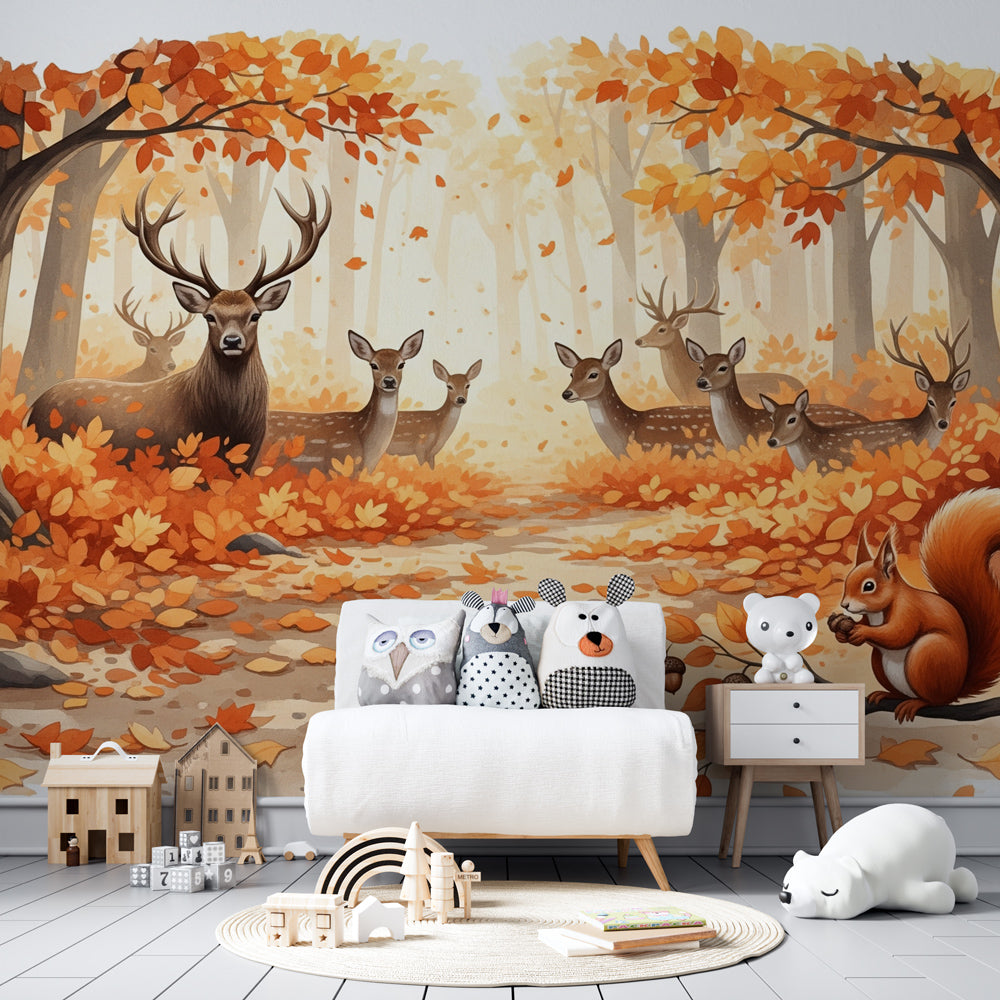Woodland deer and squirrel mural wallpaper creating magical kids bedroom decor by Kids-Mundo