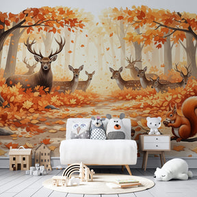 Woodland deer and squirrel mural wallpaper creating magical kids bedroom decor by Kids-Mundo