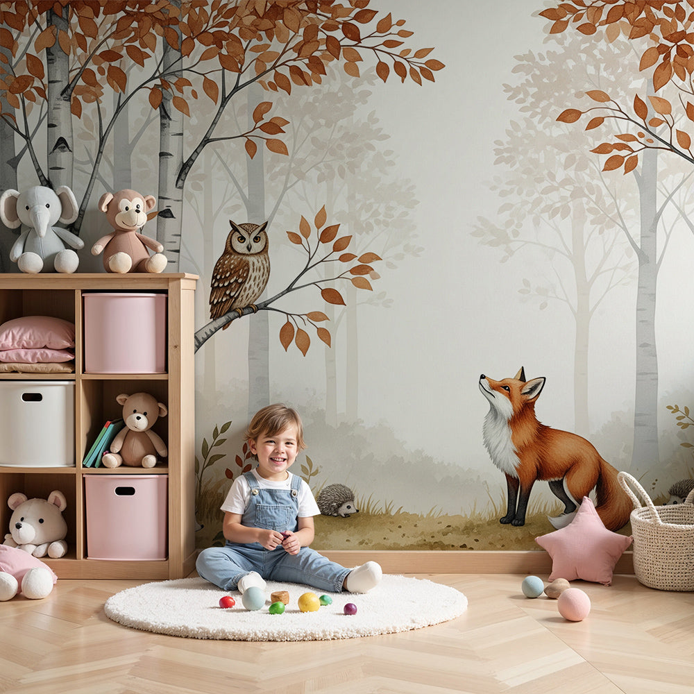 Kids-Mundo fox and owl wall mural in a warm nursery with a cot and autumn-toned light