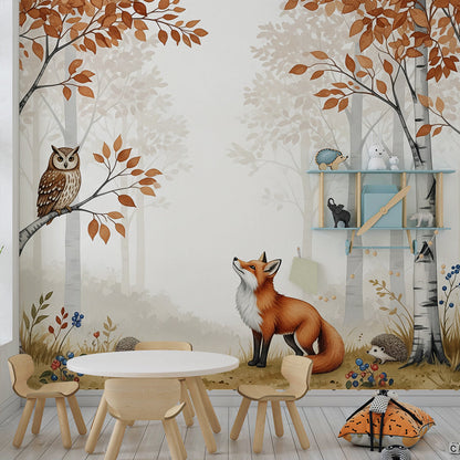 Kids-Mundo fox and owl mural brightening a playroom wall with hedgehogs and autumn leaves