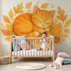 Autumn kitten mural wallpaper in cozy nursery with sleeping orange cat and fall leaves by Kids-Mundo