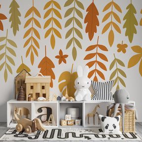 Nature-themed autumn wallpaper transforming children's playroom into seasonal wonderland