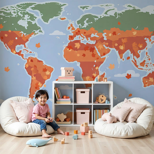 Kids-Mundo autumn leaves world map wall mural made to measure in a warm nursery