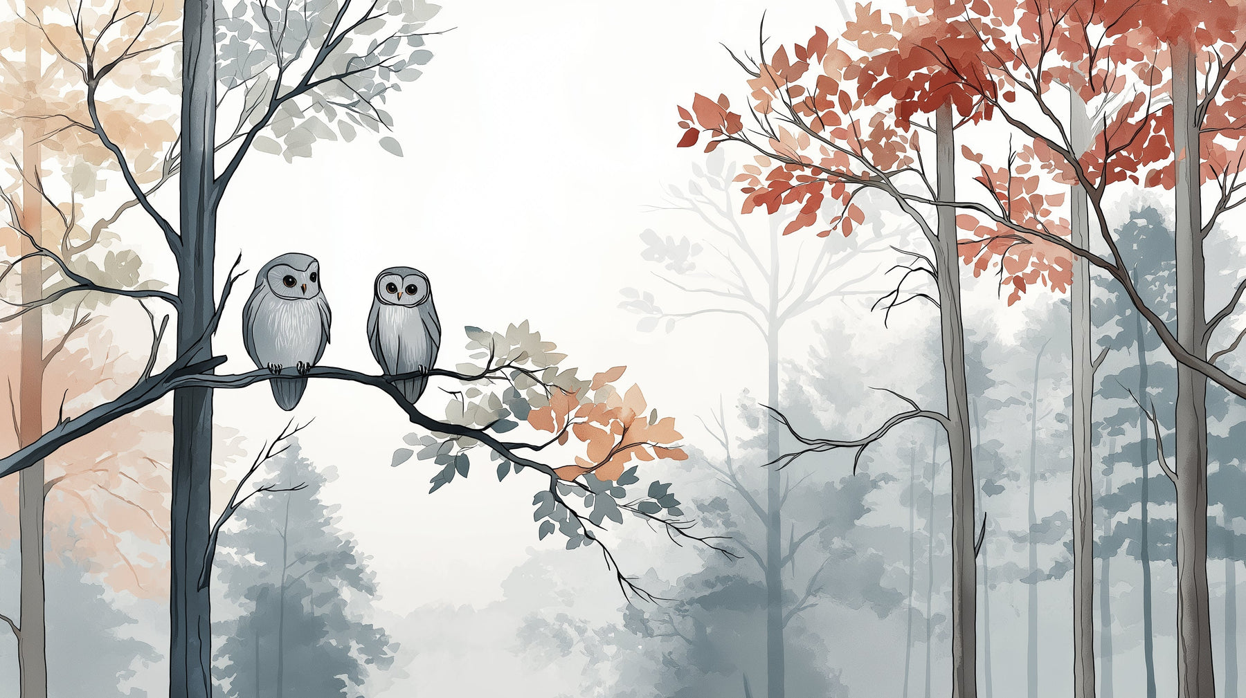 Detailed autumn forest owls mural wallpaper design pattern showing misty trees by Kids-Mundo