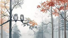 Detailed autumn forest owls mural wallpaper design pattern showing misty trees by Kids-Mundo