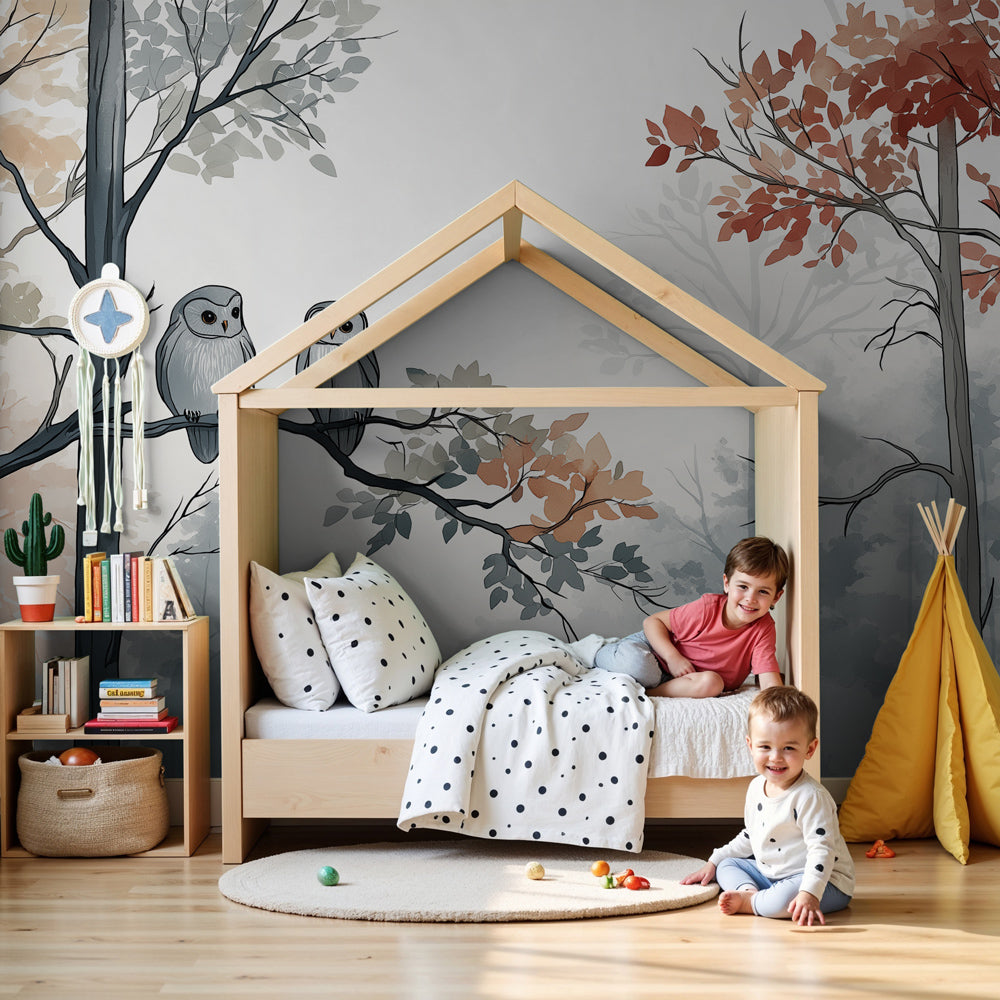 Autumn owls forest mural wallpaper in cozy children's nursery room by Kids-Mundo