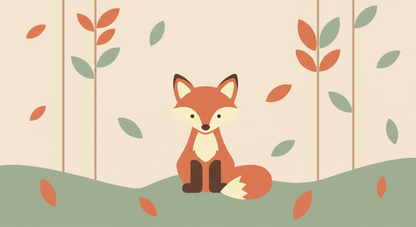 Kids-Mundo flat artwork of a sitting fox among terracotta and sage autumn leaves.