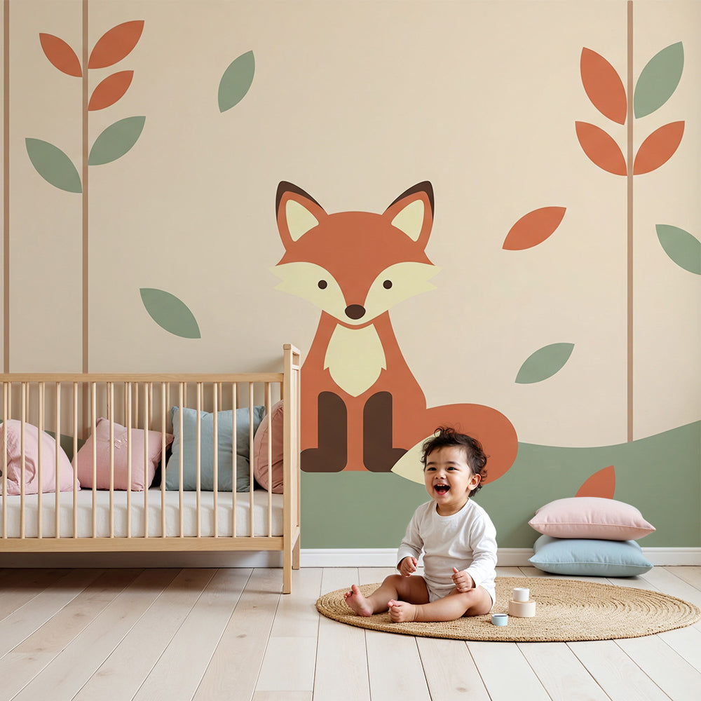 Kids-Mundo autumn fox wall mural styled in a soft neutral nursery behind a wooden cot.