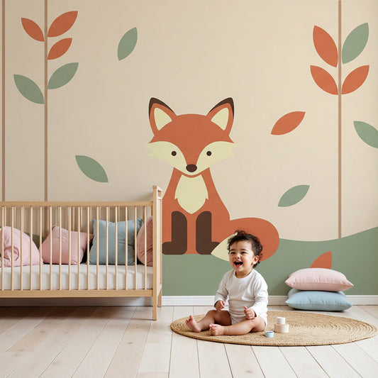 Kids-Mundo autumn fox wall mural styled in a soft neutral nursery behind a wooden cot.