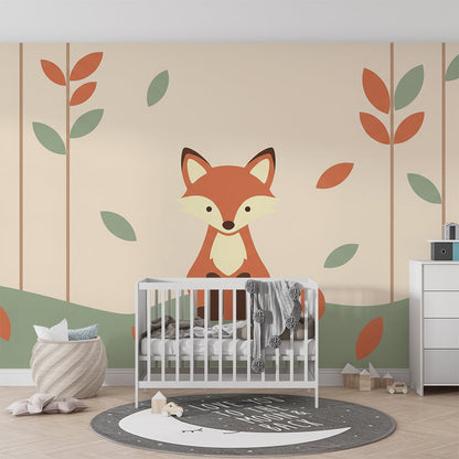 Kids-Mundo fox and falling leaves wall mural brightening a playroom reading corner.